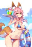  1girl absurdres animal_ear_fluff animal_ears bangs bare_shoulders bendy_straw bikini blue_bikini blue_sky blush bow bracelet breasts brown_eyes closed_mouth cloud cloudy_sky collarbone cup day drink drinking_glass drinking_straw eyebrows_visible_through_hair fate/grand_order fate_(series) fingernails food fox_ears fox_girl fox_tail hair_between_eyes hair_bow hand_up highres holding holding_tray hong_(white_spider) ice_cream ice_cream_float innertube jewelry large_breasts long_hair looking_at_viewer nail_polish navel outside_border paid_reward patreon_reward pink_hair red_nails side-tie_bikini signature sky smile solo swimsuit tail tamamo_(fate)_(all) tamamo_no_mae_(swimsuit_lancer)_(fate) tray wafer_stick 