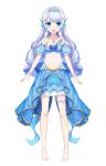  1girl aqua_eyes barefoot bracelet doris_(hololive) full_body highres hololive hololive_china jewelry lava_(25486006) long_hair navel necklace official_art open_mouth shell shell_hair_ornament solo upper_teeth virtual_youtuber white_background 