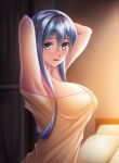  1girl absurdres arms_up bed bedroom blue_eyes blue_hair blush breasts eyebrows_visible_through_hair gotland_(kantai_collection) hair_between_eyes highres indoors kantai_collection long_hair looking_at_viewer mole mole_under_eye naked_towel pillow ruin_re_birth solo towel 