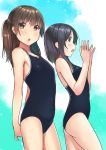 2girls ass bare_arms bare_shoulders blue_background blue_swimsuit blush brown_eyes brown_hair eyebrows_visible_through_hair flat_chest grey_eyes grey_hair highres kagematsuri looking_at_viewer multiple_girls original parted_lips school_swimsuit short_hair sideways_mouth standing swimsuit two_side_up 