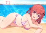  1girl :d beach bikini blue_sky blush breasts cleavage demon_girl fang gabriel_dropout hair_ornament half-closed_eyes highres kurumizawa_satanichia_mcdowell large_breasts looking_at_viewer lying navel nyaroon ocean on_side open_mouth outdoors panties pink_bikini purple_eyes red_hair sand side-tie_bikini side-tie_panties sideboob sky smile string_bikini striped striped_bikini swimsuit underwear water 