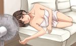 1girl blurry breasts brown_hair cleavage commentary couch depth_of_field electric_fan highres hot lying naked_towel on_side original setu_kurokawa solo sweat towel yellow_eyes 