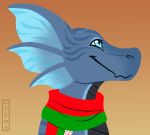  2019 anthro blue_body blue_eyes brown_background cute_eyes cute_face dragon ear_fins female fin flag gradient_background lyeox membrane_(anatomy) membranous_wings norna reptile scalie scarf side_view signature simple_background smile solo striped_body stripes wings 