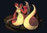  big_breasts big_hands breasts featureless_breasts female forked_tongue long_tongue multi_head naga non-mammal_breasts red_body reptile scalie serpentine snake solo teaspoon tongue tongue_out weapon wide_hips 