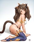  1girl animal_ears arknights ass asymmetrical_legwear bangs bare_shoulders black_legwear black_panties blush breasts brown_hair cat_ears cat_tail cleavage cosplay detached_sleeves earrings eyebrows_visible_through_hair finalcake hoop_earrings ishtar_(fate)_(all) ishtar_(fate/grand_order) ishtar_(fate/grand_order)_(cosplay) jewelry long_hair looking_at_viewer lying navel on_side panties seiyuu_connection simple_background single_detached_sleeve single_thighhigh skyfire_(arknights) smile solo tail thighhighs two_side_up underwear 