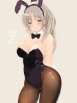  1girl animal_ears arms_behind_back ass_visible_through_thighs black_legwear black_leotard blush bow bowtie breasts brown_eyes brown_hair bunny_ears bunny_girl bunnysuit cleavage commentary_request covered_navel detached_collar fake_animal_ears fishnet_legwear fishnets fujisaki_hikari grey_background groin hairband highleg highleg_leotard highres large_breasts leotard long_hair nijisanji pantyhose ponytail simple_background sister_cleaire solo strapless strapless_leotard thighs virtual_youtuber 