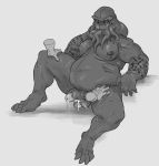  2020 anthro balls bodily_fluids cthulhu_mythos cum floating_hands genital_fluids genitals h.p._lovecraft hi_res male monochrome musclegut muscular nipple_piercing nipples not_furry nude penis piercing scar solo tattoo tentacles wormsigil 