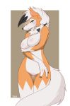  2020 anthro black_claws black_nose blush breasts casual_nudity claws digital_media_(artwork) dusk_lycanroc eyelashes featureless_breasts female fingers fur genitals green_eyes hair half-closed_eyes hi_res lycanroc narrowed_eyes nintendo nude orange_body orange_fur pok&eacute;mon pok&eacute;mon_(species) pussy signature slit_pupils solo spikes tuft video_games white_body white_fur white_hair xan0712 