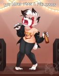  2020 alcohol anthro beverage black_claws black_nose brahkest claws clothing collarbone dancing english_text eyes_closed fangs fur hair holding_object lights lycanroc male midnight_lycanroc nintendo open_mouth pok&eacute;mon pok&eacute;mon_(species) red_body red_fur signature singing teeth text toe_claws tongue video_games white_body white_fur white_hair wine_bottle 