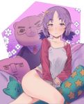  1girl bare_legs blush closed_mouth floral_background godekasu highres jitome long_sleeves looking_at_viewer low_twintails original panties pillow purple_background purple_eyes purple_hair purple_panties purple_theme raglan_sleeves shirt short_hair sitting sleeves_past_wrists solo star star_print stuffed_animal stuffed_toy teddy_bear twintails underwear 