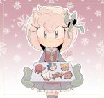  2019 accessory amy_rose anthro clothing cookie eulipotyphlan female food gloves hair_accessory hair_bow hair_ribbon handwear hedgehog mammal rellyia ribbons signature smile snow solo sonic_the_hedgehog_(series) video_games 
