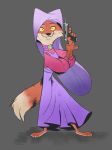  anthro barefoot canid canine clothed clothing cute_fangs disney dress duke_(artist) female fox gesture gun handgun hi_res looking_at_viewer maid_marian mammal pinky_out pistol pose ranged_weapon robin_hood_(disney) smile solo weapon yellow_sclera 