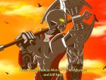  4:3 5_fingers ambiguous_gender armor avian axe axonn battle_axe bionicle bird digital_drawing_(artwork) digital_media_(artwork) double_bitted_axe english_text ewered fingers hi_res holding_object holding_weapon humanoid lego looking_back machine male mask melee_weapon multicolored_body not_furry red_body robot simple_background skyline solo standing sunset text two_tone_body weapon white_body yellow_eyes 