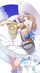  1girl absurdres alolan_form alolan_vulpix bag blonde_hair braid dress duffel_bag gen_7_pokemon green_eyes hands_on_head hat highres lillie_(pokemon) miu_(angelo_whitechoc) pokemon pokemon_(game) pokemon_sm white_dress wind 