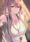  1girl armpits azur_lane bag bangs bare_legs bare_shoulders bent_over blush breasts bremerton_(azur_lane) bremerton_(scorching-hot_training)_(azur_lane) ceiling cleavage collarbone collared_shirt commentary_request cowboy_shot crop_top crop_top_overhang duffel_bag eyebrows_visible_through_hair grey_hair hair_between_eyes hair_ornament hairclip hand_on_own_thigh hanging_breasts heart heart-shaped_pupils heart_necklace highres indoors kirin_hayato large_breasts locker locker_room long_hair looking_at_viewer midriff mole mole_on_breast mole_under_eye multicolored_hair pink_eyes pink_hair pov_doorway see-through shirt sidelocks skirt sleeveless sleeveless_shirt smile solo sportswear standing streaked_hair symbol-shaped_pupils tennis_uniform twilight twintails two-tone_shirt two-tone_skirt white_shirt white_skirt window window_shade wristband x_hair_ornament 