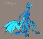  anthro blue_body blue_sclera claws cute_eyes cute_face digitigrade dragon ear_fins female fin grey_background hi_res membrane_(anatomy) membranous_wings norna nude reptile scalie signature simple_background slit_pupils solo standing striped_body stripes stripes_(marking) tonneya wings 
