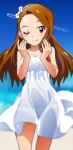  1girl ;) absurdres akizuki_ritchan beach blue_sky blurry blurry_background breasts brown_hair collarbone dress floating_hair highres idolmaster idolmaster_(classic) lens_flare long_hair looking_at_viewer minase_iori one_eye_closed panties red_eyes see-through_silhouette shiny shiny_hair short_dress sky sleeveless sleeveless_dress small_breasts smile solo standing sundress underwear very_long_hair white_dress white_panties 