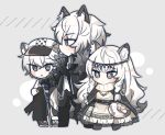  1boy 2girls animal_ears arknights bangs bead_necklace beads black_footwear black_gloves black_jacket brother_and_sister cabbie_hat cane cape chibi cliffheart_(arknights) closed_mouth eyebrows_visible_through_hair full_body gloves grey_background grey_eyes grey_hair hair_between_eyes hat head_chain jacket jewelry leopard_ears leopard_tail long_hair long_sleeves multicolored_hair multiple_girls necklace open_mouth pramanix_(arknights) rabi_(swordofthestone) short_hair siblings silverash_(arknights) simple_background smile standing tail white_hair 
