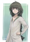  1girl alternate_hairstyle bangs black_hair braid braided_ponytail closed_mouth collarbone dress_shirt green_eyes grey_shirt hand_on_hip highres hiyajou_maho long_hair long_sleeves looking_at_viewer menomorute ponytail shiny shiny_hair shirt smile solo standing steins;gate steins;gate_0 upper_body very_long_hair 