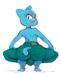 2020 anthro blue_body blue_fur bottomwear bulge butt cartoon_network clothed clothing dbaru domestic_cat edit eyeshadow felid feline felis fur gynomorph intersex kneeling looking_back makeup mammal nicole_watterson pants partially_clothed pawpads profanity rear_view simple_background solo text the_amazing_world_of_gumball topless white_background zambs 