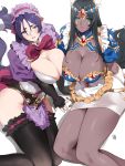  2girls alternate_costume bangs black_hair blush breasts cleavage dark_skin fate/grand_order fate_(series) green_eyes large_breasts long_hair looking_at_viewer low-tied_long_hair minamoto_no_raikou_(fate/grand_order) multiple_girls parted_bangs purple_eyes purple_hair scheherazade_(fate/grand_order) simple_background thighs very_long_hair white_background yang-do 