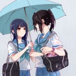  2girls bag bangs black_hair blue_eyes blue_hair blue_neckwear blue_sailor_collar blue_skirt blue_umbrella blush brown_eyes closed_mouth eyebrows_visible_through_hair from_side grey_background hair_between_eyes hibike!_euphonium holding holding_umbrella kasaki_nozomi kitauji_high_school_uniform liz_to_aoi_tori long_hair looking_at_another multiple_girls neckerchief neckwear ponytail rain sailor_collar school_bag school_uniform serafuku shirt short_sleeves sidelocks simple_background skirt standing umbrella watch white_shirt wristwatch yoroizuka_mizore yuuyu_(777) 