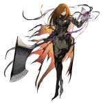  1girl armor axe bamuth brown_hair gauntlets highres holding holding_axe holding_skull holding_weapon huge_weapon lantern long_hair original parted_lips purple_eyes simple_background sketch skull slit_pupils smile solo torn_clothes vambraces weapon wet white_background 