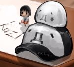  black_eyes black_hair blush chibi commentary commentary_request desk figure fujoshi genshiken hat ogiue_chika otaku otaku_room paper shinsei_rorishotashotasuku signature sketch skirt table toy 