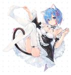  1girl animal_ears bangs blue_eyes blue_hair blush breasts cat_ears cat_tail cleavage commentary_request detached_sleeves dress eikaa eyebrows_visible_through_hair frills full_body hair_ribbon large_breasts maid no_shoes polka_dot polka_dot_background re:zero_kara_hajimeru_isekai_seikatsu rem_(re:zero) ribbon ribbon_trim short_hair simple_background solo tail thighhighs thighhighs_pull twitter_username white_legwear 