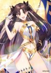  1girl armlet asymmetrical_legwear asymmetrical_sleeves bangs bare_shoulders between_fingers blush breasts brown_hair chain cleavage detached_sleeves earrings fate/grand_order fate_(series) furureruu gem gold_trim heavenly_boat_maanna highleg highres hoop_earrings ishtar_(fate)_(all) ishtar_(fate/grand_order) jewelry long_hair looking_at_viewer medium_breasts navel neck_ring open_mouth red_eyes single_detached_sleeve single_thighhigh smile sparkle thighhighs thighs tiara two_side_up weapon 