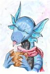  anthro beverage claws coffee coffee_mug cute_eyes cute_face dragon dreameroftheblue ear_fins eyes_closed female fin hi_res holding_object norna reptile scalie scarf smile snow solo steam striped_body stripes tongue tongue_out traditional_media_(artwork) 
