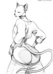  2019 anthro big_butt blep bottomwear bracelet butt choker clothing felid feline girly hi-ku hi_res jewelry looking_back male mammal monochrome necklace nipples pants shirt signature simple_background solo standing text tongue tongue_out topwear url white_background 