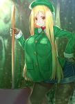  1girl alternate_breast_size alternate_hair_length alternate_hairstyle arched_back axe bangs blonde_hair blue_shorts blush breasts buttons closed_mouth coat denim denim_shorts fate/grand_order fate_(series) gloves green_coat green_headwear green_jacket highres jacket large_breasts long_hair long_sleeves looking_at_viewer older pantyhose paul_bunyan_(fate/grand_order) shorts smile thighs watosu yellow_eyes 