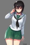  1girl adjusting_eyewear black_bow black_choker black_neckwear bow bow_choker brown_eyes brown_hair choker closed_mouth contrapposto cowboy_shot fingernails girls_und_panzer green_skirt grey_background hair_between_eyes highres kagematsuri kawashima_momo looking_at_viewer monocle neckerchief pleated_skirt sailor_collar school_uniform semi-rimless_eyewear serafuku shirt signature simple_background skirt solo standing under-rim_eyewear white_sailor_collar white_shirt 