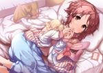  abe_nana bed blush brown_hair idolmaster idolmaster_cinderella_girls ponytail woshinon 