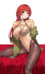  1girl absurdres bangs bodysuit breasts gloves highres hime_cut jacket large_breasts last_origin looking_at_viewer on_bed red_eyes simple_background skulllee solo t-3_leprechaun white_background 