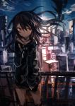  1girl absurdres bare_thighs black_hair black_jacket building city cityscape cloud commentary_request highres jacket kaamin_(mariarose753) long_hair looking_at_viewer original red_eyes sky v-shaped_eyebrows wind 