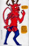  2020 anthro butt claws clothing confusion demon dialogue don&#039;t_starve english_text fur garter_straps hi_res horn imp klei_entertainment legwear lingerie littlestfuzz looking_back male mammal panties raised_tail rear_view red_body red_fur simple_background snout solo speech_bubble stockings tail_tuft text traditional_media_(artwork) tuft underwear video_games wortox 