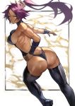  1girl 55level absurdres ass bangs bare_shoulders black_footwear black_leotard bleach boots breasts butt_crack closed_mouth dark_skin hand_on_hip highres leotard long_hair looking_at_viewer looking_back medium_breasts muscle muscular_female parted_lips ponytail purple_hair shihouin_yoruichi shiny shiny_hair simple_background skin_tight sleeveless smile solo thigh_boots thighhighs thighs tied_hair vambraces 