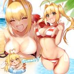  &gt;_o 1girl ;q ^_^ ^o^ ahoge bang beach bikini blonde_hair blush breasts cleavage closed_eyes dark_skin eyebrows_visible_through_hair fate/extra fate/grand_order fate_(series) finger_gun green_eyes hair_ribbon innertube lying nero_claudius_(fate) nero_claudius_(fate)_(all) nero_claudius_(swimsuit_caster)_(fate) ocean on_stomach one_eye_closed palm_tree red_ribbon ribbon striped striped_bikini swimsuit tongue tongue_out tree twintails wading yayoi_maka 