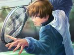  1boy brown_hair day fence fighting_stance hiyoshi_wakashi jacket kopiko49 long_sleeves male_focus outdoors tennis_no_ouji-sama upper_body 