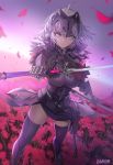  1girl ahoge arm_guards armor armored_boots armored_dress artist_name bangs blurry blurry_background boots breasts chain closed_mouth commentary_request damda depth_of_field dual_wielding dutch_angle eyebrows_visible_through_hair fate/grand_order fate_(series) floating_hair fur_trim gauntlets greaves hair_ornament headpiece holding holding_sword holding_weapon jeanne_d&#039;arc_(alter)_(fate) jeanne_d&#039;arc_(fate)_(all) large_breasts long_hair looking_at_viewer outdoors petals purple_legwear reaching revision sash sheath short_hair sidelocks silver_hair skindentation skirt smile solo sword symbol-shaped_pupils thighhighs weapon white_hair wind wind_lift yellow_eyes zettai_ryouiki 