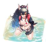  1girl :d animal_ears bikini bikini_under_clothes black_hair breasts cleavage front-tie_bikini front-tie_top hair_ornament hairclip highres hololive hood hoodie in_water kneeling large_breasts ookami_mio open_mouth ponytail side-tie_bikini smile swimsuit tail virtual_youtuber wolf_ears wolf_tail yagapan yellow_eyes 