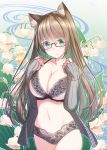  1girl :o animal_ear_fluff animal_ears arms_up bangs black_panties bra breasts brown_hair cardigan cat_ears cleavage commentary_request eyebrows_visible_through_hair glasses gradient_hair green_eyes green_hair grey_cardigan highres lace lace-trimmed_bra lace-trimmed_panties large_breasts looking_at_viewer multicolored_hair navel nekobaka open_cardigan open_clothes original panties parted_lips pink_bra thighs underwear 