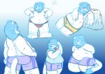  2020 anthro blue_body blue_fur blueblu bottomwear chubby_cheeks clothed clothing felid food fur hi_res lion male mammal multiple_poses obese overweight pantherine partially_clothed popsicle pose shorts simple_background slightly_chubby solo solo_focus thick_thighs underwear white_body 