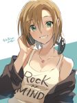  1girl bangs bare_shoulders black_jacket blush breasts brown_hair cleavage collarbone green_eyes grin headphones headphones_around_neck idolmaster idolmaster_cinderella_girls jacket jewelry looking_at_viewer medium_breasts necklace off_shoulder open_clothes open_jacket short_hair smile tada_riina tank_top white_tank_top zattape 