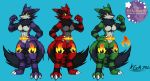  3_fingers 3_toes abs anthro black_body black_fur black_markings blue_background blue_body blue_fur blue_hair claws digimon digimon_(species) eyebrows fingers fur green_body green_eyes green_fur green_hair hair incineroar kgh786 markings muscular nintendo pok&eacute;mon pok&eacute;mon_(species) red_body red_fur red_hair renamon signature simple_background standing toe_claws toes tuft video_games yellow_sclera 