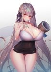  1girl alternate_costume areola_slip areolae azur_lane bare_shoulders between_breasts black_choker black_panties blush breasts choker cleavage closed_mouth covered_navel covered_nipples dress eyebrows_visible_through_hair formidable_(azur_lane) geonjeonhannick gradient gradient_background grey_hair hair_ribbon highres huge_breasts long_hair looking_at_viewer neckwear_between_breasts office_lady panties red_eyes ribbon solo thighs twintails two-tone_dress underwear very_long_hair 