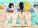  1970s_(style) 1980s_(style) beach_volleyball bikini black_hair blake_belladonna bluethebone boombox bow commentary english_commentary hair_bow long_hair looking_back multiple_girls oldschool ponytail radio retro ruby_rose rwby short_hair side_ponytail swimsuit weiss_schnee white_hair yang_xiao_long 