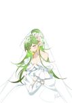  1girl absurdres bare_shoulders blush bow breasts bridal_veil cleavage dress earrings flower girls_frontline gloves green_hair hair_bow hair_flower hair_ornament highres jewelry long_hair looking_at_viewer m950a_(girls_frontline) mouth_hold one_eye_closed ring shuaiaba solo veil wedding_band wedding_dress white_background white_dress white_gloves yellow_eyes 
